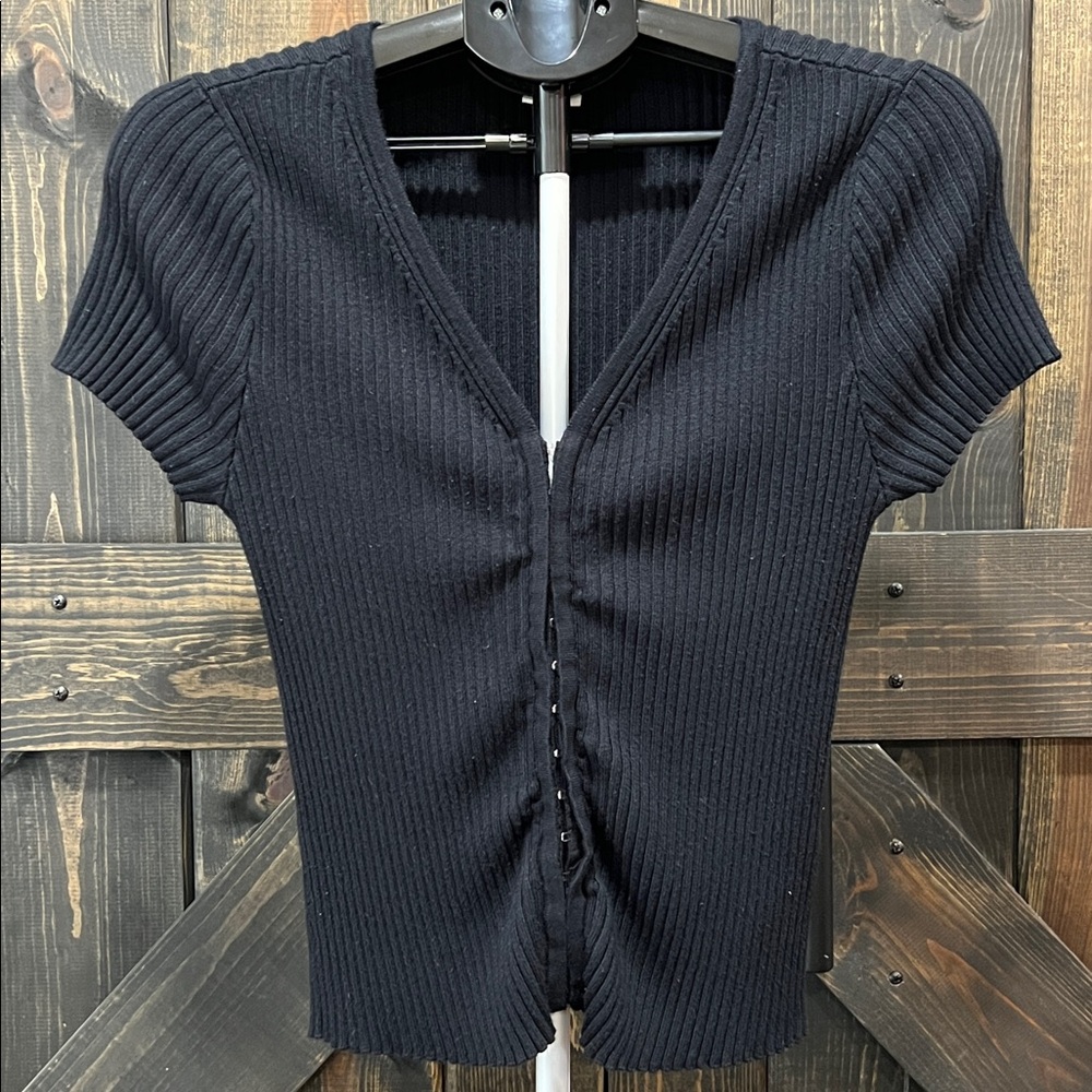 Abercrombie‎ & Fitch Clip Front Ribbed Top L Black Fitted Bodycon Y2K 90s Crop